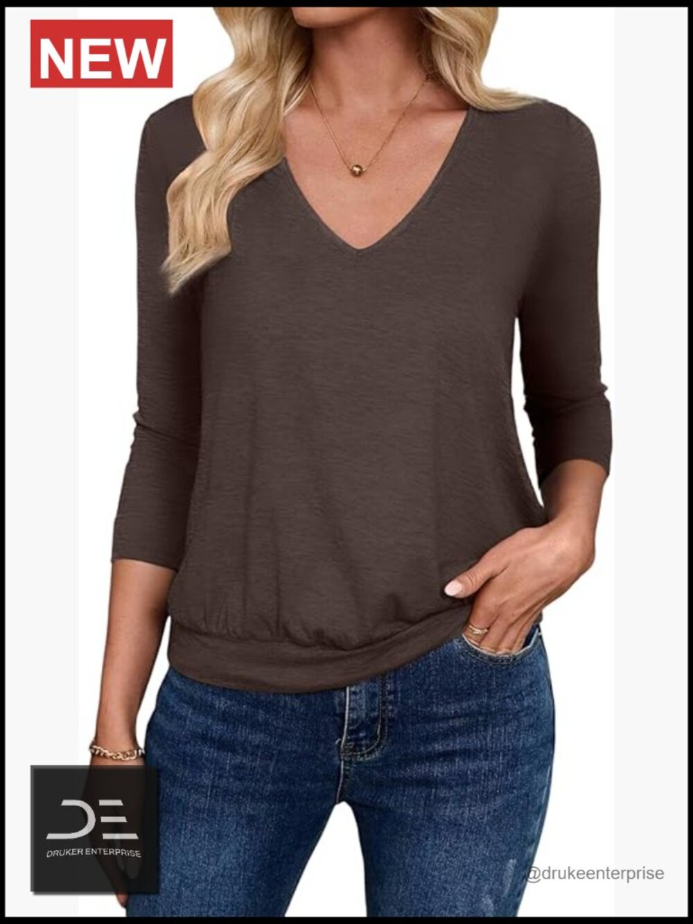 3/4 Length Sleeve V Neck Tunic Blouse Banded Bottom Casual Shirt
